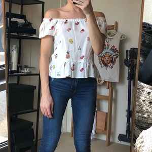 Linen fruit print off the shoulder top